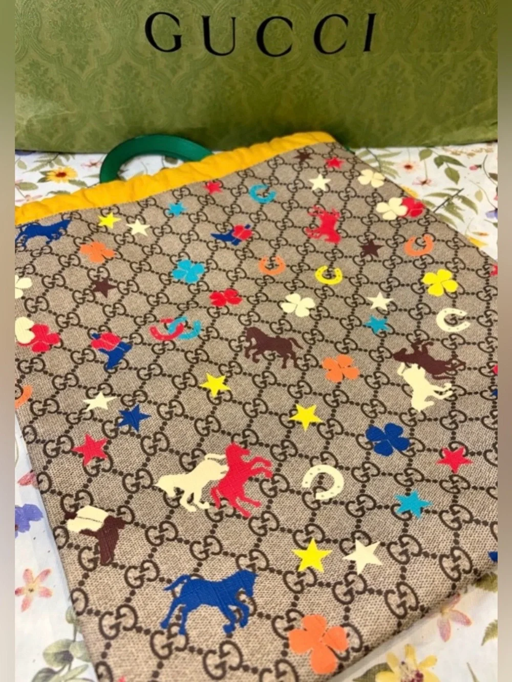 EUC! GUCCI Kids Beige GG Canvas Backpack with Yellow Trim & Multicolor Icons🐴⭐️